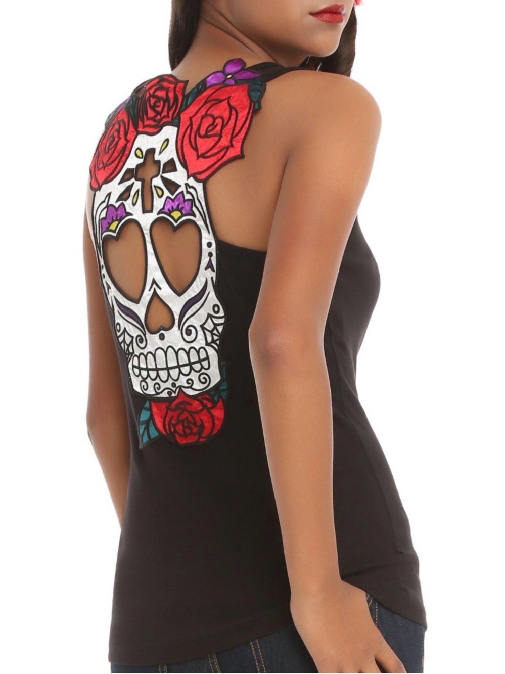 Hot Topic Black Tank Top with Sugar Skull and Red Rose Back NWT